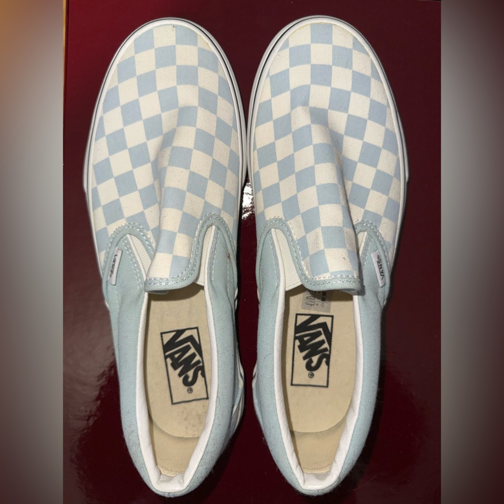 Vans Light Blue and White Checkered Slip-Ons